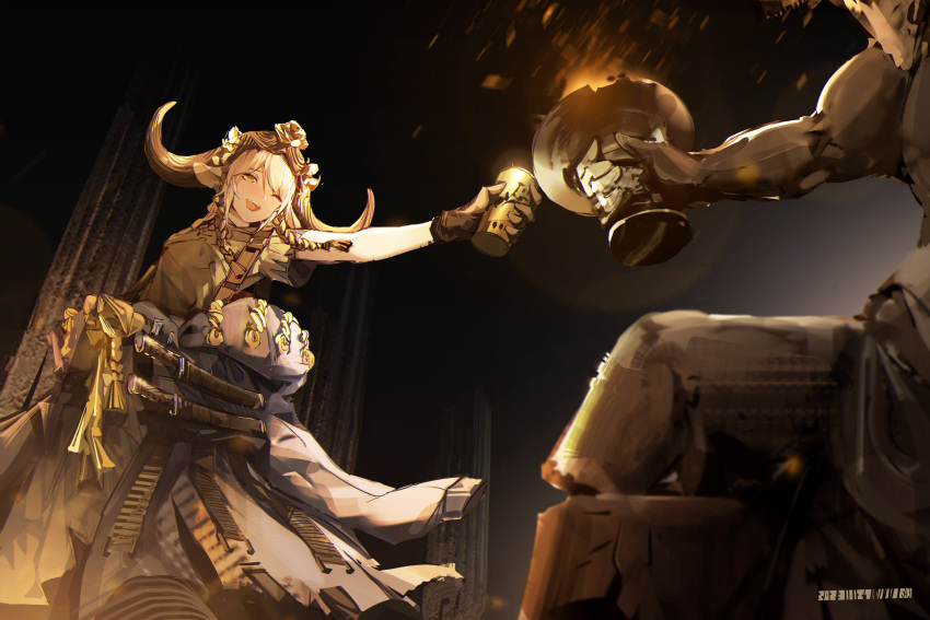 1girl :d absurdres animal_ears arknights blue_jacket braid brown_gloves brown_shirt chalice clothes_around_waist column cow_ears cow_horns cup dated fire flower flower_on_head gloves highres holding holding_cup horns jacket jacket_around_waist knife one_eye_closed open_mouth pallas_(arknights) pillar qiumoyixing rope rose sheath sheathed shirt short_sleeves smile solo statue strap teeth twin_braids upper_teeth_only