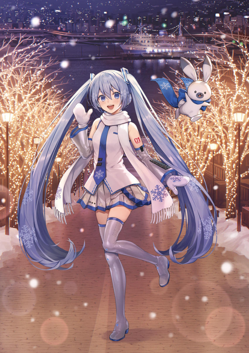 1girl absurdres animal bare_shoulders bare_tree blue_eyes blue_hair blue_necktie blue_scarf city cityscape commentary crypton_future_media detached_sleeves earmuffs full_body grey_skirt grey_sleeves grey_thighhighs hair_ornament hatsune_miku headset highres hill lamppost lens_flare light_blue_hair light_blush long_hair looking_at_viewer miniskirt necktie night ocean official_art outdoors piapro pleated_skirt rabbit rabbit_yukine real_world_location scarf scenery second-party_source ship shirt shoulder_tattoo skirt sleeveless sleeveless_shirt smile snow snowflake_print snowing solo standing standing_on_one_leg string_of_light_bulbs taranboman tattoo thighhighs tree twintails very_long_hair vocaloid watercraft waving white_mittens white_scarf white_shirt winter yuki_miku yuki_miku_(2011)