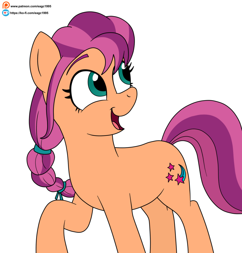 cutie_mark digital_drawing_(artwork) digital_media_(artwork) eagc7 earth_pony equid equine female feral flat_colors green_eyes hair hasbro hi_res hooves horse ko-fi_logo looking_back mammal mlp_g5 my_little_pony open_mouth open_smile patreon patreon_logo pony portrait purple_hair purple_tail quadruped raised_hoof simple_background smile solo sunny_starscout_(mlp) tail text three-quarter_portrait url white_background