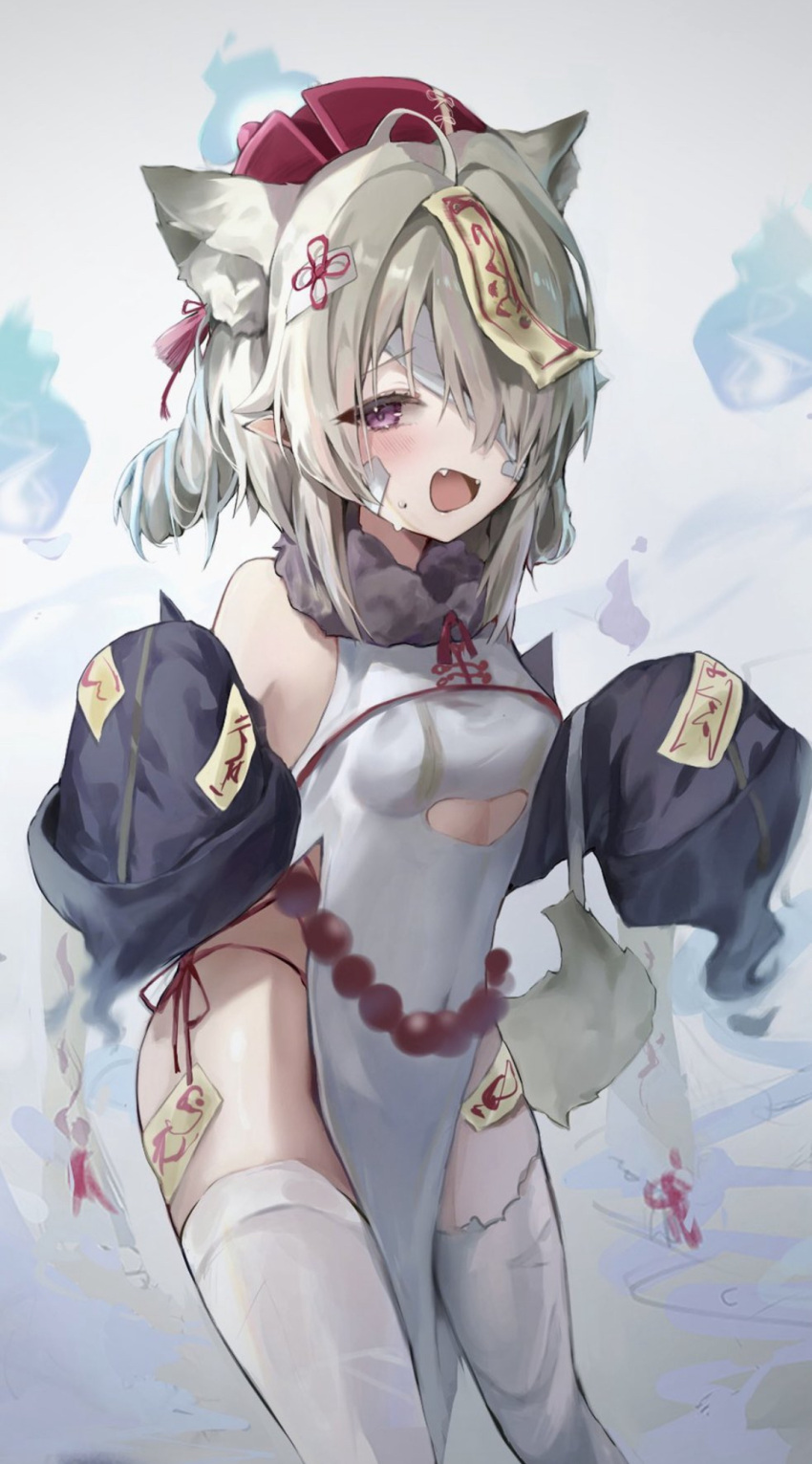 1girl ahoge animal_ears bandages bare_shoulders bead_belt beads breasts cat_ears cat_girl cat_tail china_dress chinese_clothes clothing_cutout covered_navel detached_sleeves dress extra_ears fangs fur_collar grey_hair hair_over_one_eye hat highres hisiya_(wldn1112) hitodama jiangshi long_sleeves looking_at_viewer ofuda open_mouth original pelvic_curtain pointy_ears purple_eyes qing_guanmao short_hair side-tie_peek sleeveless sleeveless_dress sleeves_past_fingers sleeves_past_wrists small_breasts smile solo tail thighhighs thighs underboob_cutout white_dress white_thighhighs