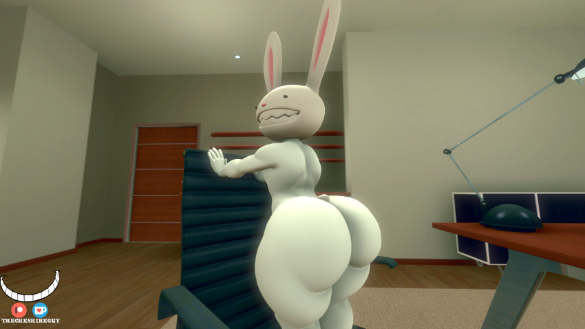 16:9 2022 3d_(artwork) anthro big_butt butt chair detailed_background digital_media_(artwork) fur furniture hi_res huge_butt lagomorph lamp leporid looking_back male mammal max_(sam_and_max) nude office office_chair office_desk pinup pose rabbit rear_view sam_and_max smile solo source_filmmaker thecheshireguy thick_thighs white_body white_fur wide_hips widescreen
