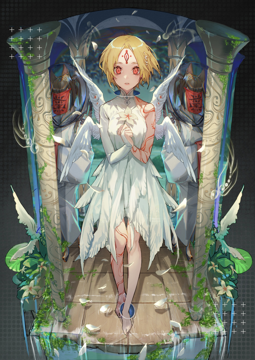 1girl absurdres anklet bare_shoulders barefoot blonde_hair facial_mark feathered_wings forehead_mark highres jewelry looking_at_viewer original parted_lips pillar red_eyes short_hair solo soono_(rlagpfl) tattoo white_wings wings