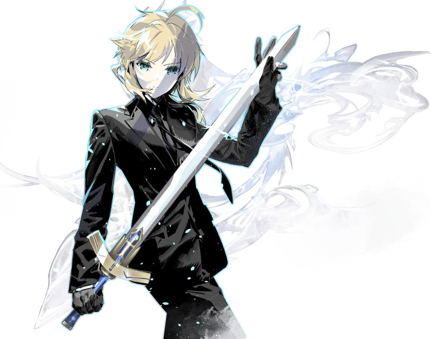 1girl artoria_pendragon_(fate) black_gloves black_necktie black_pants black_shirt black_suit blonde_hair cofffee fate/zero fate_(series) formal gloves green_eyes holding holding_sword holding_weapon necktie pants saber shirt solo suit sword weapon white_background