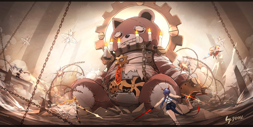 4girls absurdres animal_ears arknights battle big_sad_lock_(arknights) black_footwear black_gloves black_shorts black_thighhighs black_vest blonde_hair blue_hair boots brown_hair candle cape cat_ears cat_tail ch'en_(arknights) chain chinese_commentary commentary_request crossbow dragon_horns dragon_tail dual_wielding earmuffs explosion firing floating floating_hair fox_ears gears gloves grey_hair highres holding holding_crossbow holding_polearm holding_sword holding_weapon horns horse_ears implied_extra_ears jacket jueduihuoli letterboxed long_hair monster multiple_girls nearl_(arknights) nearl_the_radiant_knight_(arknights) official_alternate_costume open_clothes open_jacket polearm ponytail red_jacket schwarz_(arknights) shirt shorts signature staff stuffed_animal stuffed_toy sword tail teddy_bear thighhighs twintails vest weapon white_cape white_shirt