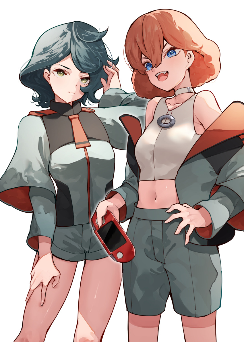 2girls absurdres afro_puffs alternate_costume asticassia_school_uniform blue_eyes blue_hair choker green_jacket green_shorts grey_eyes gundam gundam_suisei_no_majo highres jacket long_sleeves multiple_girls norea_du_noc puni_(punycolors) red_hair school_uniform shirt shorts sleeveless sleeveless_shirt sophie_pulone white_choker white_shirt wide_sleeves