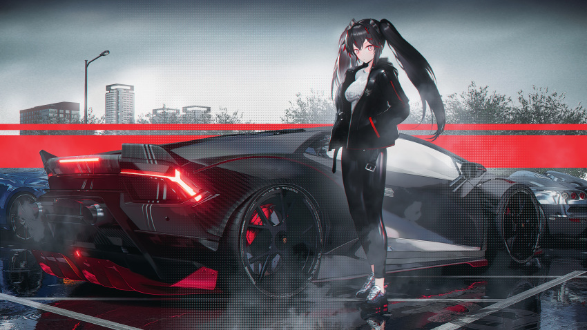 1girl absurdres bangs black_hair black_jacket car city cloud cloudy_sky full_body ground_vehicle highres jacket long_hair looking_at_viewer lucia_(punishing:_gray_raven) motor_vehicle multicolored_hair outdoors punishing:_gray_raven red_eyes red_hair scenery seymour shirt sky solo standing twintails urban white_shirt