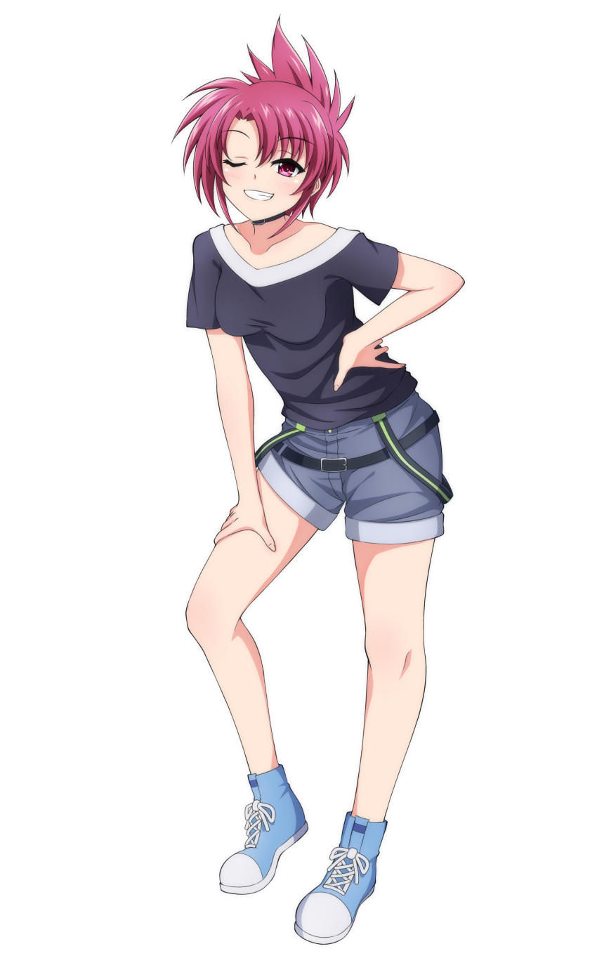 1girl absurdres black_shirt blue_footwear collarbone full_body grey_shorts grin hand_on_hip hand_on_lap highres lyrical_nanoha mahou_shoujo_lyrical_nanoha numbers_(nanoha) one_eye_closed oshimaru026 red_eyes red_hair shirt short_hair short_shorts short_sleeves shorts simple_background smile solo wendi_(nanoha) white_background