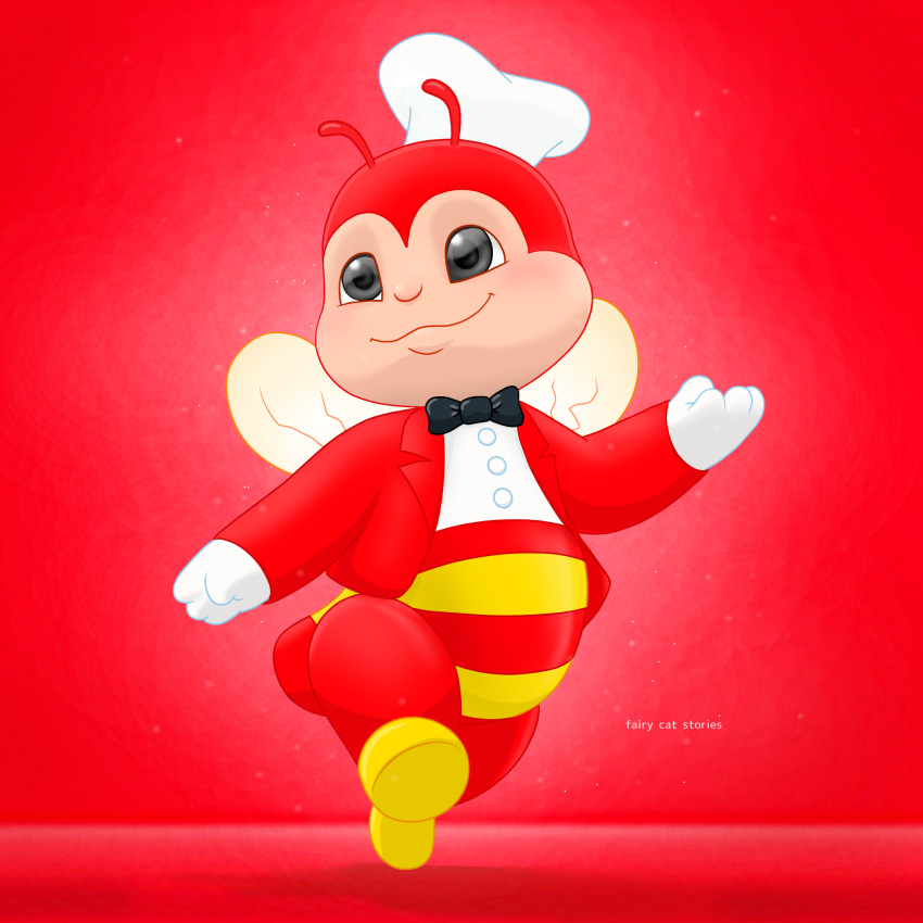 anthro arthropod bee black_eyes bow_tie chef_hat clothing fairycatcreation footwear formal_wear gloves handwear happy hat headgear headwear hi_res humanoid hymenopteran insect jollibee jollibee_(mascot) looking_up male mascot one_foot_on_ground one_foot_raised red_background red_body red_clothing red_suit shoes simple_background smile solo stepping suit white_clothing white_gloves white_handwear white_suit wings yellow_body yellow_clothing yellow_footwear yellow_shoes