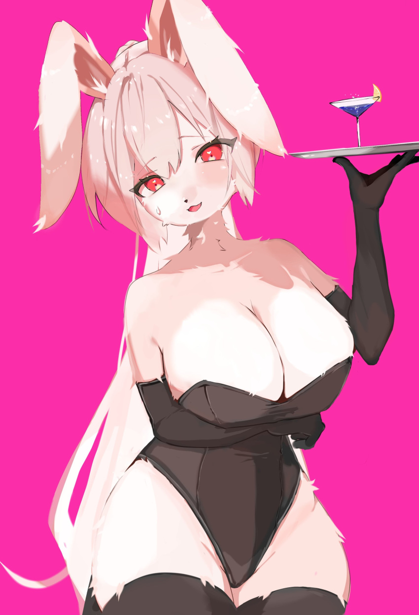 &lt;3 &lt;3_eyes 2022 absurd_res alcohol anthro arm_tuft arm_under_breasts arms_bent armwear beverage big_breasts black_armwear black_clothing black_eyelashes black_handwear black_legwear black_leotard black_thigh_highs bodily_fluids breast_tuft breasts cleavage clothed clothing cocktail cocktail_garnish cocktail_glass container cup digital_media_(artwork) drinking_glass ears_down eyelashes eyelashes_through_hair facial_tuft female female_anthro food fruit fur glass glass_container glass_cup hair handwear hi_res hip_tuft holding_object holding_tray kemono lagomorph legwear leotard leporid lime lime_slice long_ears long_hair looking_at_viewer mammal mei_kemo neck_tuft pink_background pink_body pink_fur pink_hair pivoted_ears plant rabbit red_eyes serving serving_alcohol serving_beverage serving_tray simple_background solo standing sweat sweatdrop thigh_highs translucent translucent_hair tuft