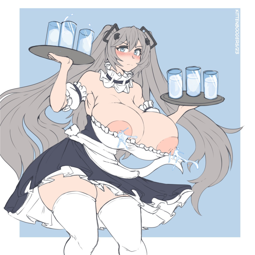 1girl azur_lane bangs bare_shoulders blue_eyes blush breasts cup detached_collar detached_sleeves drinking_glass grey_hair hair_between_eyes hair_ornament highres holding holding_tray huge_breasts intrepid_(azur_lane) kittenboogers lactation long_hair maid milk nipples simple_background thighhighs thighs tray white_thighhighs