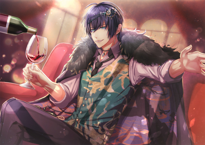 1boy aqua_eyes black_hair bottle cape collared_shirt cup drinking_glass fur-trimmed_cape fur_trim inui_(yume-100) long_sleeves looking_at_viewer male_focus plums43 purple_cape purple_shirt red_wine shirt short_hair solo wine_bottle wine_glass yume_oukoku_to_nemureru_100-nin_no_ouji-sama