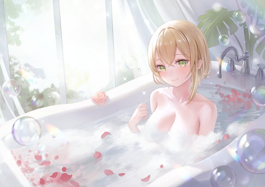 1girl absurdres alternate_breast_size bangs bare_shoulders bathing bathtub blonde_hair blush breasts bubble cleavage collarbone convenient_censoring crossed_bangs curtains faucet flower green_eyes hair_between_eyes hair_over_shoulder highres indoors iris_black_games kurumi_noah large_breasts light_particles looking_at_viewer partially_submerged petals petals_on_liquid plant rose rose_petals short_hair_with_long_locks smile solo sparkle steam steam_censor sunlight virtual_youtuber vspo! water yahiro_(heartseek000)