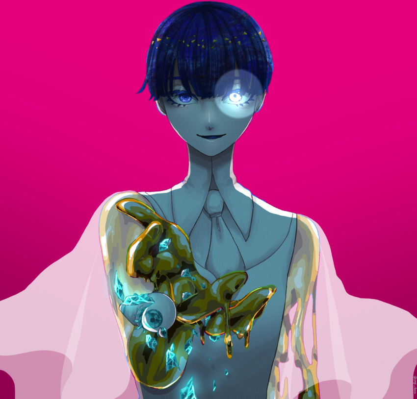 2others aqua_eyes ascot bangs beckoning blue_eyes blue_hair bowl_cut colored_eyelashes dual_persona eyeball glowing glowing_eye golden_arms heterochromia highres houseki_no_kuni liquid melting moon_uniform_(houseki_no_kuni) multiple_others other_focus outstretched_arm parted_lips phosphophyllite phosphophyllite_(gemstone) phosphophyllite_(ll) pink_background reaching_towards_viewer see-through see-through_sleeves shards short_hair short_sleeves simple_background smile solo_focus spoilers upper_body white_ascot white_eyes wide_sleeves yagi_hara