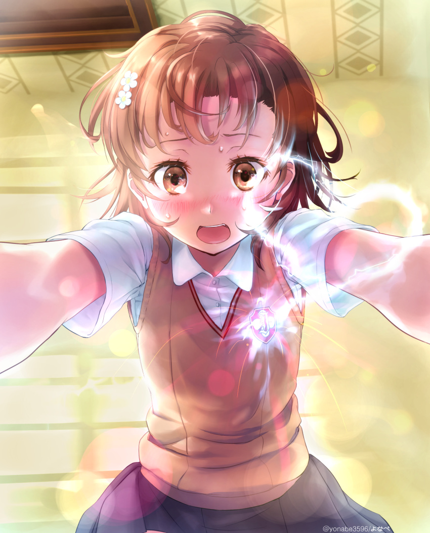 1girl blush bob_cut brown_eyes brown_hair brown_sweater_vest collared_shirt electricity electrokinesis flower grey_skirt hair_flower hair_ornament heart highres looking_at_viewer medium_hair misaka_mikoto open_mouth pleated_skirt school_emblem school_uniform shirt skirt solo sweat sweater_vest toaru_majutsu_no_index tokiwadai_school_uniform twitter_username white_shirt yonabe