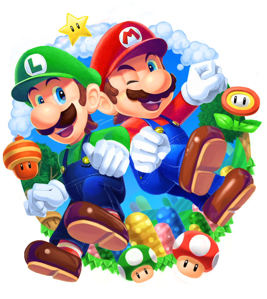1-up_mushroom 2boys :d arm_up artist_name blue_eyes blue_overalls blue_pants blue_sky brothers brown_footwear brown_hair buttons cloud day facial_hair fire_flower flower full_body gloves green_headwear green_shirt hat highres hill long_sleeves looking_at_another luigi male_focus mario mario_(series) multiple_boys mushroom mustache new_super_mario_bros._u_deluxe one_eye_closed open_mouth overalls pants red_headwear red_shirt red_socks shirt shoes short_hair siblings sideways_glance sky smile socks starman_(mario) striped striped_socks super_acorn super_mushroom teeth tree twitter_username upper_teeth_only white_background white_gloves yuuma_rimi