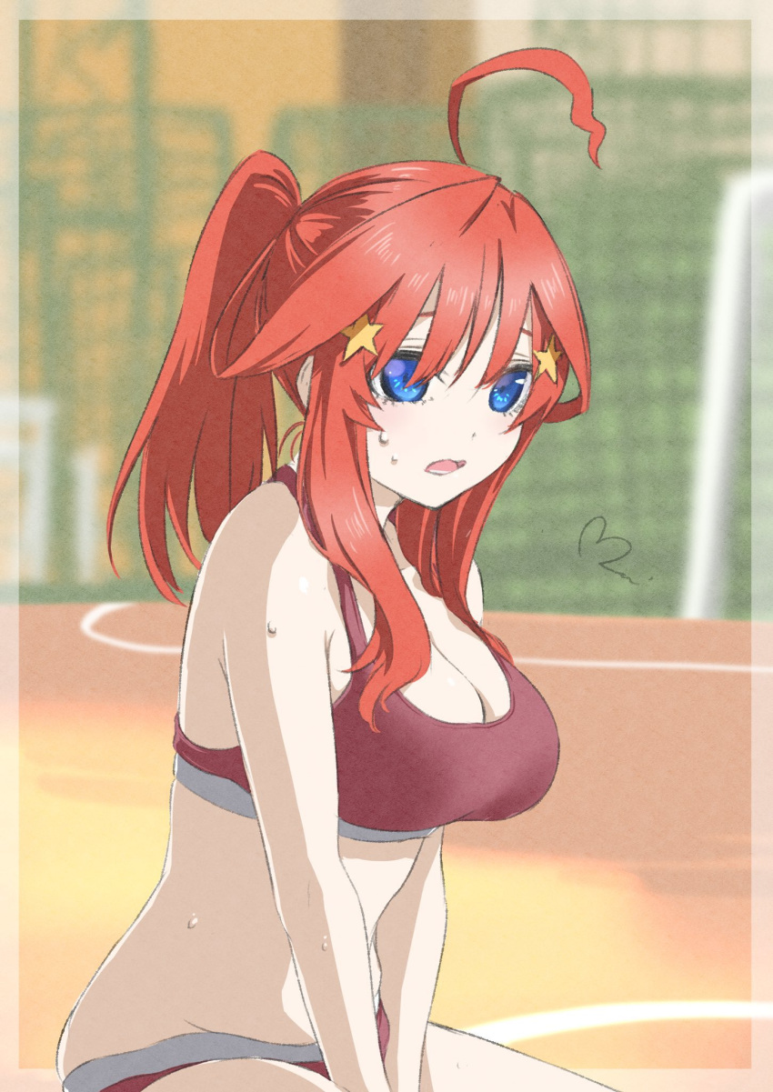 1girl ahoge bangs bare_shoulders blue_eyes breasts cleavage collarbone go-toubun_no_hanayome hair_ornament highres large_breasts long_hair midriff mitsugu nakano_itsuki open_mouth ponytail red_sports_bra short_shorts shorts sidelocks soccer_field solo sports_bra sportswear star_(symbol) star_hair_ornament stomach sweat thighs upper_body