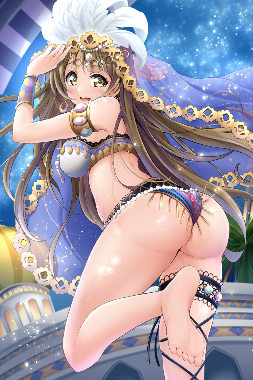 1girl :d arabian_clothes armlet ass asymmetrical_legwear barefoot bracer breasts bridal_garter brown_hair commentary cross-laced_clothes cross-laced_legwear dancer foot_up hand_up headdress highres kirisaki_reina long_hair looking_at_viewer looking_back love_live! love_live!_school_idol_festival love_live!_school_idol_project medium_breasts minami_kotori night no_pants official_alternate_costume outdoors revealing_clothes smile soles solo tassel veil white_headdress yellow_eyes