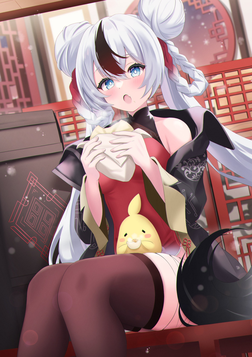 1girl absurdres architecture azur_lane bare_shoulders black_coat black_hair blue_eyes breasts brown_thighhighs china_dress chinese_clothes coat double_bun dress east_asian_architecture eating elegant_(sumisumi4268) food gradient_hair hair_bun highres holding holding_food l'indomptable_(azur_lane) l'indomptable_(temp_in_low_temperatures)_(azur_lane) long_hair manjuu_(azur_lane) multicolored_hair official_alternate_costume open_clothes open_coat open_mouth red_hair sitting small_breasts solo streaked_hair thighhighs very_long_hair white_hair