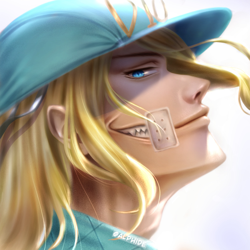 1boy absurdres alphide artist_name blonde_hair blue_eyes blue_headwear blue_sweater closed_mouth diego_brando english_commentary evil_grin evil_smile glasgow_smile grin highres jojo_no_kimyou_na_bouken long_hair looking_at_viewer male_focus portrait sharp_teeth slit_pupils smile solo steel_ball_run sweater teeth turtleneck turtleneck_sweater twitter_username white_background