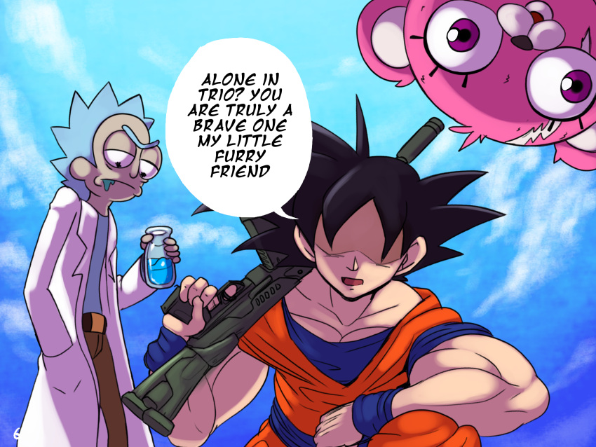 adult_swim anthro armband bear black_eyes black_hair black_pupils blue_hair bodily_fluids bottomwear cartoon_network clothing coat comic crossover cuddle_team_leader dragon_ball english_text epic_games eyebrows eyeless fortnite goku group gun hair half-closed_eyes hi_res holding_gun holding_object holding_weapon human ichduhernz lab_coat looking_at_viewer male mammal narrowed_eyes pants pink_body pupils purple_eyes ranged_weapon rick_and_morty rick_sanchez saliva shield_potion shirt speech_bubble text topwear trio unibrow weapon white_body white_skin