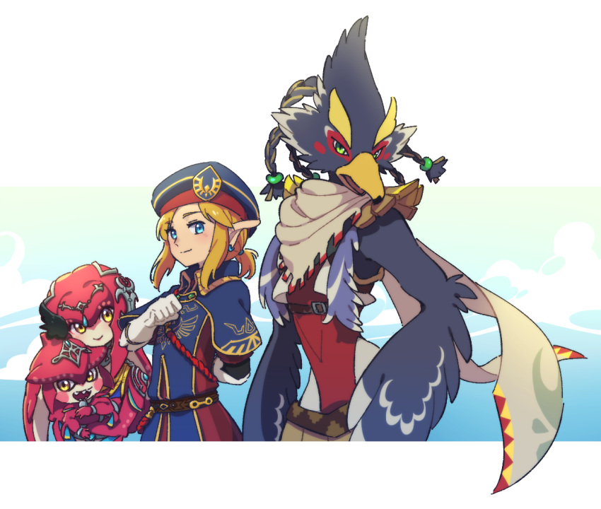 1girl 3boys :d arm_behind_back beak beret bird_boy bird_wings blonde_hair blue_gemstone blue_headwear blue_wings brother_and_sister circlet closed_mouth colored_skin earrings feathered_wings fish_boy fish_girl furry furry_male gem gloves green_eyes hat headpiece high_collar jewelry link male_child mipha multicolored_skin multiple_boys no_nose open_mouth pink_skin pointy_ears red_skin revali rito royal_guard_set_(zelda) scarf sharp_teeth short_hair short_ponytail siblings sidon smile teeth the_legend_of_zelda the_legend_of_zelda:_breath_of_the_wild ukata white_gloves white_scarf white_skin wings zora