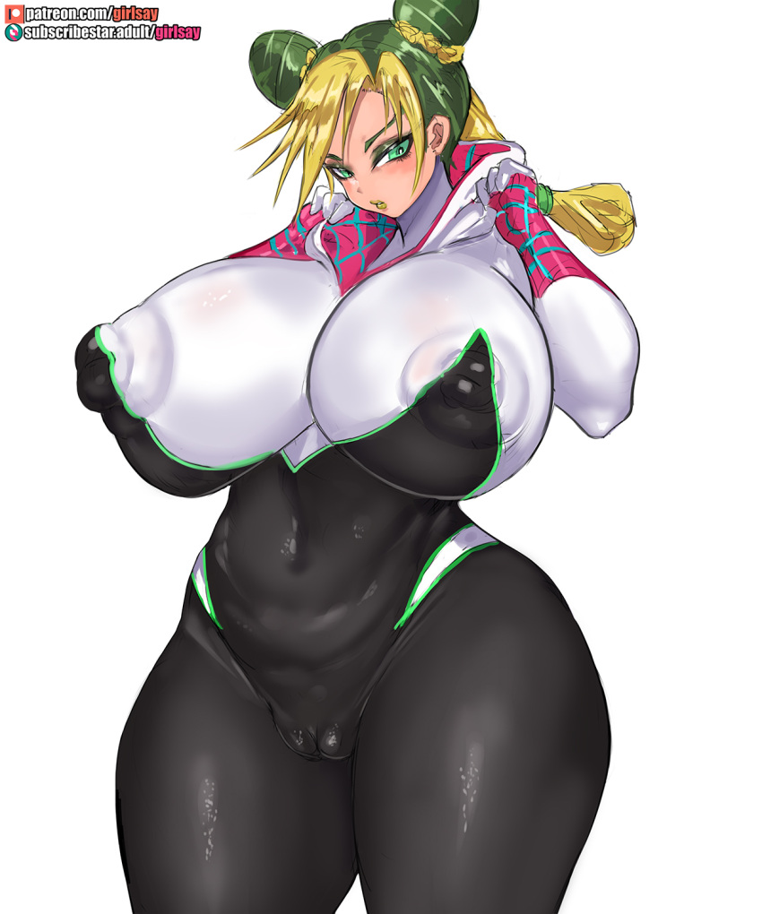 areola big_breasts black_clothing black_hair blonde_hair braided_hair breasts buns clothed clothing comic comic_book cosplay costume crossover crossover_cosplay eyelashes eyeliner female girlsay green_eyes gwen_stacy hair hi_res hoodie huge_breasts human jojo's_bizarre_adventure jolyne_cujoh lipstick looking_at_viewer makeup mammal manga marvel muscular muscular_female nipple_outline not_furry patreon patreon_logo pink_clothing ponytail simple_background skimpy solo spandex spider-gwen spider_web standing subscribestar_logo thick_thighs tight_clothing topwear white_background white_clothing