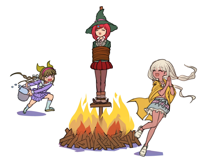 3girls :d :o absurdres bangs bound bow bowtie brown_footwear brown_hair brown_pantyhose bucket burning_at_the_stake chabashira_tenko closed_eyes danganronpa_(series) danganronpa_v3:_killing_harmony dark-skinned_female dark_skin fire frilled_skirt frills gem green_hair green_headwear green_jacket hairband happy hat highres holding holding_bucket jacket jewelry kneehighs layered_skirt long_hair long_sleeves multiple_girls necklace open_clothes open_jacket open_mouth own_hands_clasped own_hands_together pantyhose pink_hairband pleated_skirt red_skirt running shoes skirt smile socks sweat tied_to_stake twintails water witch_hat yonaga_angie youko-shima yumeno_himiko