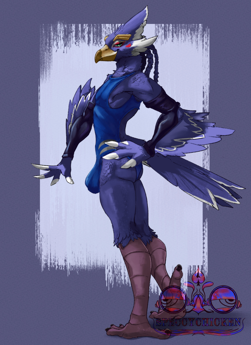 4_toes anisodactyl anthro armwear avian avian_feet beak bird blue_body blue_feathers breath_of_the_wild bulge claws clothing feathers feet hi_res male nintendo one-piece_swimsuit revali rito side_view smile solo speccychicken standing swimwear tail_feathers the_legend_of_zelda toes