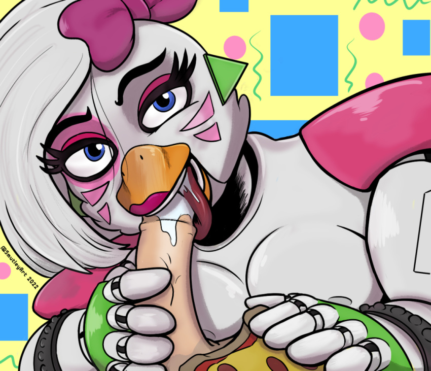 80's_theme accessory animatronic anthro avian bedroom_eyes bird blue_eyes bodily_fluids bow_ribbon chicken cum cum_in_mouth cum_inside duo ear_piercing eyelashes facial_markings female five_nights_at_freddy's five_nights_at_freddy's:_security_breach food galliform gallus_(genus) genital_fluids genitals glamrock_chica_(fnaf) hair_accessory hair_bow hair_ribbon head_markings holding_penis licking licking_cum machine male male/female markings narrowed_eyes oral penile penis penis_lick phasianid piercing pizza ribbons robot scottgames seductive sex smutleyart tongue tongue_out