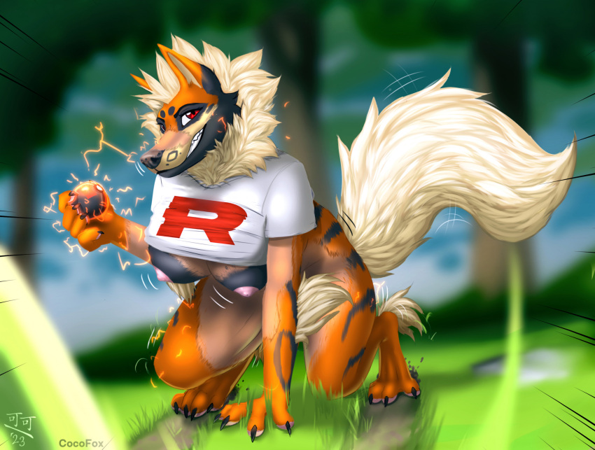 anthro arcanine arm_tuft big_breasts blonde_hair breast_growth breasts canid claws clothing cocofox crouching elbow_tuft female fluffy fluffy_tail forest gender_transformation generation_1_pokemon grass grin growth hair hi_res human_to_anthro mammal mtf_transformation nintendo nipples outside plant pokeball pokemon pokemon_(species) red_eyes shirt smile solo species_transformation t-shirt tail team_rocket teeth topwear transformation tree tuft