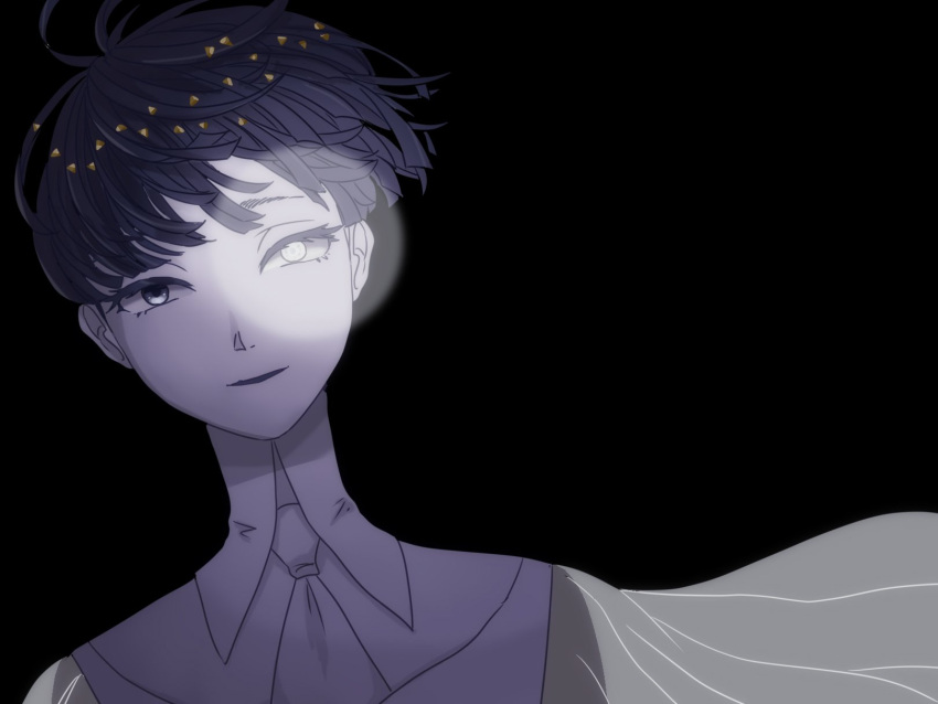 1other ascot bangs black_background blue_eyes blue_hair bowl_cut commentary floating_hair glowing glowing_eye heterochromia highres houseki_no_kuni leaning_to_the_side looking_at_viewer moon_uniform_(houseki_no_kuni) night other_focus parted_lips phosphophyllite phosphophyllite_(ll) portrait see-through see-through_sleeves short_hair simple_background smile solo spoilers white_ascot white_eyes wide_sleeves yagi_hara