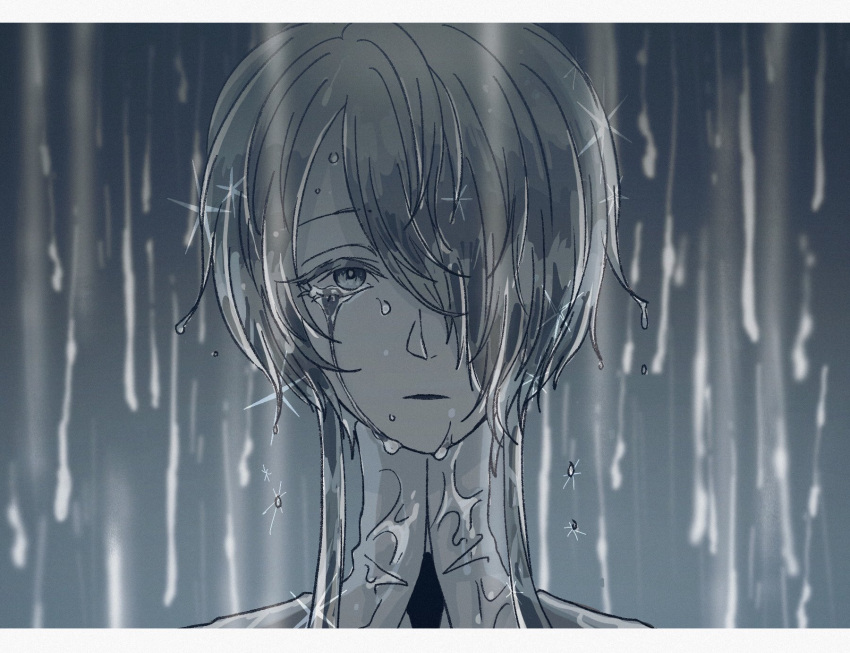 1other androgynous gem_uniform_(houseki_no_kuni) ghost_quartz_(houseki_no_kuni) grey_background grey_hair hair_over_one_eye highres houseki_no_kuni looking_at_viewer one_eye_covered other_focus parted_lips portrait rain short_hair short_hair_with_long_locks solo sparkle wet wet_hair yagi_hara