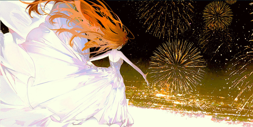 1girl aerial_fireworks bare_arms bare_shoulders breasts city_lights cowboy_shot dress fireworks floating_clothes floating_hair from_behind highres john_kafka long_hair night night_sky orange_hair original outdoors outstretched_arms sky solo standing star_(sky) strapless strapless_dress very_long_hair white_dress wind