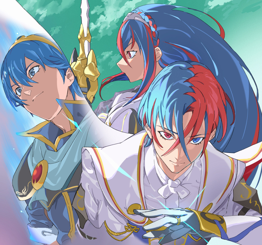 1girl 2boys absurdres alear_(female)_(fire_emblem) alear_(fire_emblem) alear_(male)_(fire_emblem) armor bangs blue_eyes blue_hair braid cape crossed_bangs crown_braid fire_emblem fire_emblem:_mystery_of_the_emblem fire_emblem_engage gloves headband heterochromia highres long_hair looking_at_viewer male_focus marth_(fire_emblem) multicolored_hair multiple_boys pretty-purin720 red_eyes red_hair short_hair split-color_hair sword tiara two-tone_hair very_long_hair weapon