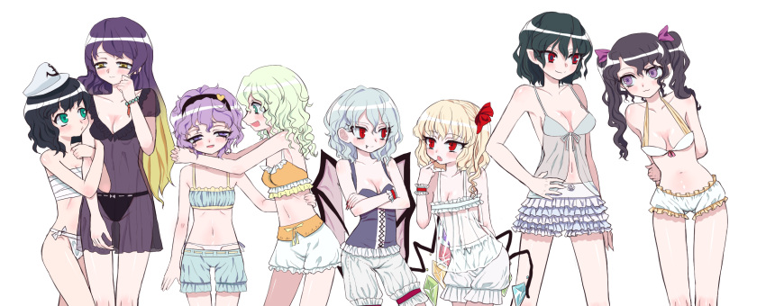 6+girls :&gt; :3 :d :o anchor_print arm_at_side arm_behind_back arm_hug armpit_crease armpit_peek arms_around_neck arms_behind_back ass_visible_through_thighs babydoll bangs bare_arms bare_shoulders bat_wings bead_bracelet beads berensu black_hair black_hairband black_negligee black_panties blonde_hair bloomers blue_babydoll blue_bloomers blue_bra blue_hair blush body_blush bow bow_bra bow_panties bra bracelet breasts bright_pupils bustier chest_sarashi chestnut_mouth cleavage clenched_hand closed_mouth collarbone contrapposto cowboy_shot cross-laced_clothes cross-shaped_pupils crossed_arms crystal eye_contact facing_viewer fang fang_out finger_to_mouth fingernails flandre_scarlet flat_chest frilled_babydoll frills from_side fundoshi gradient_hair green_eyes green_hair groin hair_behind_ear hair_between_eyes hair_bow hair_ornament hairband half-closed_eyes halterneck hand_on_another's_waist hand_on_hip hand_on_own_arm hand_up hands_up hat heart heart_hair_ornament height_difference highres hijiri_byakuren himekaidou_hatate hip_bones holding_own_arm hug index_finger_raised japanese_clothes jewelry komeiji_koishi komeiji_satori leaning_to_the_side light_blue_hair light_green_hair lineup lingerie long_fingernails long_hair looking_ahead looking_at_another looking_down looking_to_the_side looking_up low_wings medium_breasts multicolored_hair multiple_girls murasa_minamitsu nail_polish narrowed_eyes navel negligee no_headwear one_side_up open_mouth orange_bra outstretched_arms own_hands_clasped own_hands_together panties panty_peek parted_lips pink_bow pointy_ears pout print_headwear profile puffy_short_sleeves puffy_sleeves purple_bow purple_eyes purple_hair red_bow red_eyes red_nails remilia_scarlet ribbon-trimmed_bloomers ribbon-trimmed_panties ribbon_trim sailor_hat sarashi see-through shameimaru_aya sharp_fingernails shiny_skin short_hair short_sleeves siblings side-tie_panties sideways_mouth simple_background sisters slit_pupils small_breasts smile spaghetti_strap split_mouth standing stomach swept_bangs symbol-shaped_pupils tassel thick_eyelashes thigh_gap too_many too_many_frills touhou twintails two-tone_hair underwear underwear_only v-shaped_eyebrows w_arms wavy_hair white_babydoll white_background white_bloomers white_bow white_bra white_headwear white_panties white_pupils white_wrist_cuffs wings wrist_cuffs yellow_bow yuri