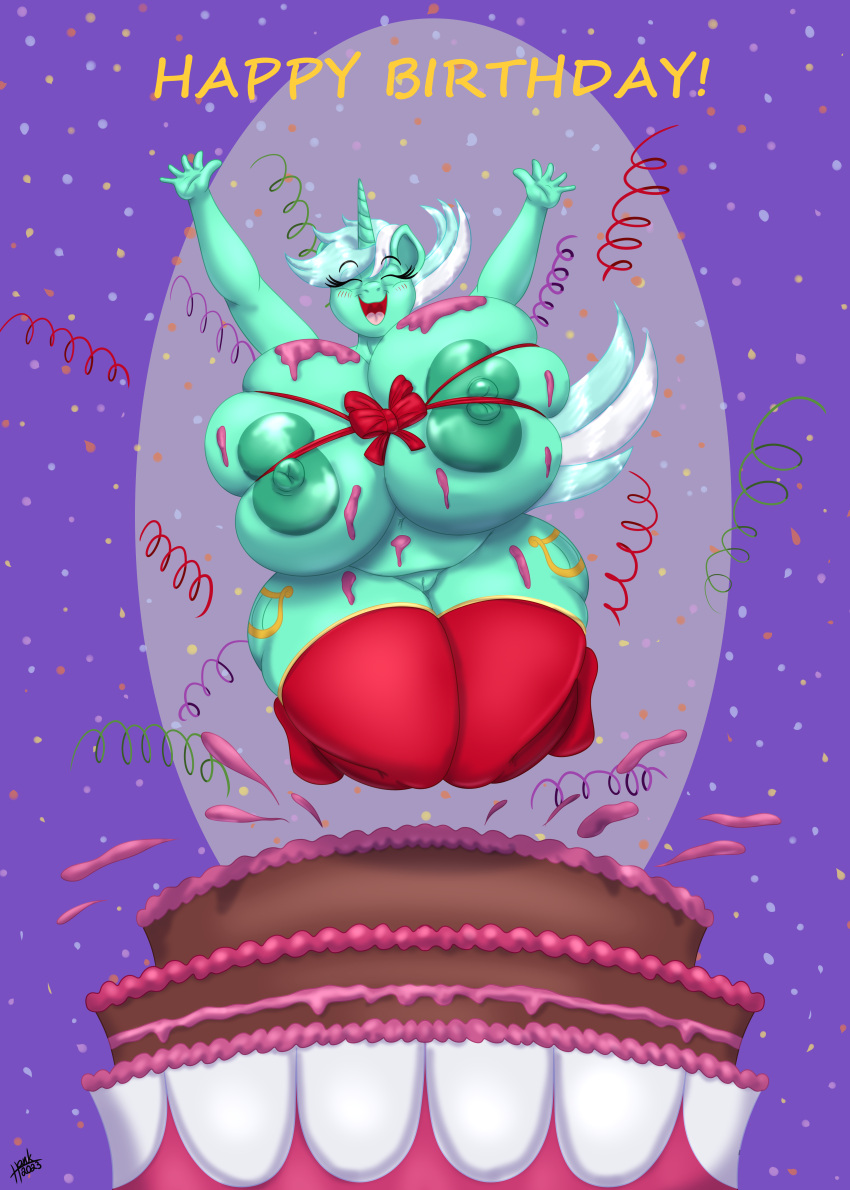 09hankris absurd_res anthro areola big_breasts blues64 breasts cake confetti cutie_mark dessert english_text equid equine exclamation_point eyes_closed female food friendship_is_magic frosting frosting_on_breasts genitals green_areola green_body green_nipples hair hasbro hi_res horn horse huge_breasts huge_hips huge_thighs hyper hyper_breasts lyra_heartstrings_(mlp) mammal multicolored_hair my_little_pony nipples nude open_mouth pony pussy ribbons slightly_chubby solo text thick_thighs two_tone_hair unicorn wide_hips