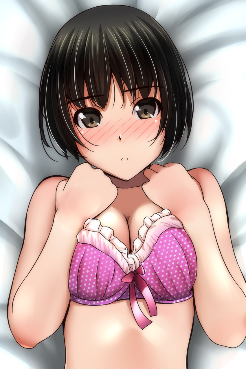 1girl absurdres bangs bare_arms bare_shoulders bed_sheet black_hair blush bow bow_bra bra breasts brown_eyes cleavage collarbone frilled_bra frills hands_up highres looking_at_viewer lying matsunaga_kouyou medium_breasts nose_blush on_back original parted_lips pink_bra polka_dot polka_dot_bra short_hair solo underwear underwear_only upper_body