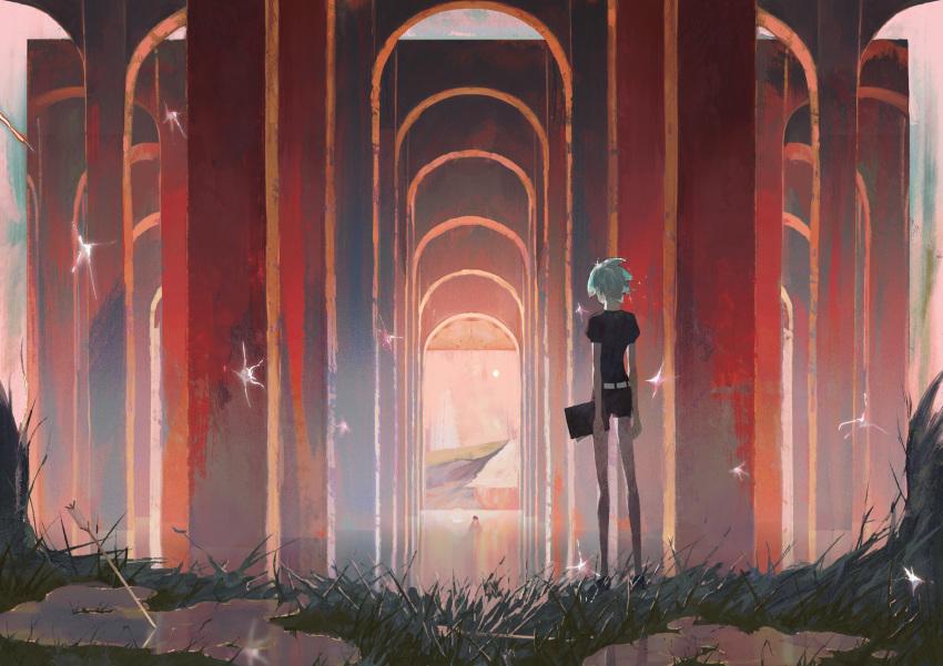 2others absurdres androgynous aqua_hair arch arms_at_sides arrow_(projectile) building cinnabar_(houseki_no_kuni) cliff clipboard commentary_request day facing_away from_behind gem_uniform_(houseki_no_kuni) grass highres hj_hikari0606 houseki_no_kuni hydrokinesis lake liquid mercury_(element) multiple_others other_focus phosphophyllite planted planted_arrow puddle puffy_short_sleeves puffy_sleeves red_hair short_hair short_sleeves sky solo_focus standing sun water