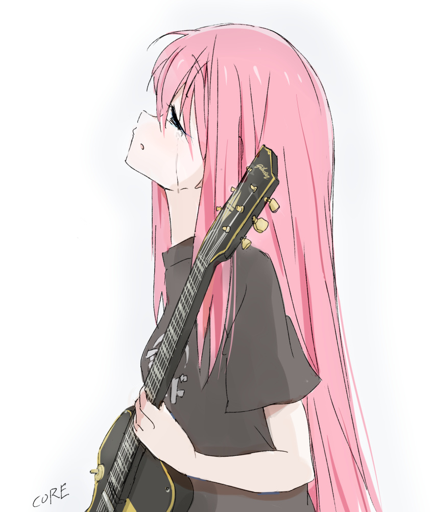 1girl bangs black_shirt bocchi_the_rock! commentary_request core_(mayomayo) crying electric_guitar from_side gibson_les_paul gotou_hitori guitar head_back highres holding holding_instrument instrument long_hair pink_hair shirt short_sleeves signature simple_background solo standing streaming_tears tears upper_body very_long_hair white_background