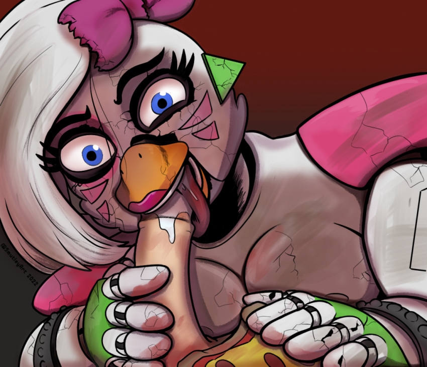 accessory animatronic anthro avian bird blue_eyes bodily_fluids bow_ribbon chicken crazy_eyes cum cum_in_mouth cum_inside duo ear_piercing eyelashes facial_markings female five_nights_at_freddy's five_nights_at_freddy's:_security_breach food galliform gallus_(genus) genital_fluids genitals glamrock_chica_(fnaf) hair_accessory hair_bow hair_ribbon head_markings holding_penis licking licking_cum machine male male/female markings oral penile penis penis_lick phasianid piercing pizza ribbons robot scottgames seductive sex smutleyart tongue tongue_out wide_eyed