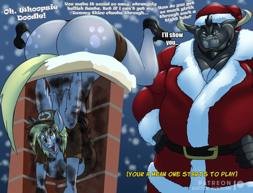 2022 anthro artist_name athletic athletic_anthro athletic_male beard big_breasts big_butt black_body black_fur blonde_hair bottomwear bovid bovine breaking_the_fourth_wall breasts bubble_butt butt chimney christmas christmas_clothing christmas_headwear cleavage clothed clothing costume curvaceous curvy_figure cutie_mark derpy_hooves_(mlp) detailed_background dialogue digital_drawing_(artwork) digital_media_(artwork) duo english_text equid equine european_mythology eyelashes facial_hair female fluffy fluffy_tail friendship_is_magic fur greek_mythology green_eyes grey_body grey_fur grinch_smile hair hands_on_hips hands_on_own_hips hasbro hat headgear headwear hi_res holidays horn hotpants huge_breasts huge_butt looking_at_viewer male mammal minotaur muscular muscular_anthro muscular_male my_little_pony mythology outside partially_clothed patreon patreon_logo pegasus postal_uniform pupils santa_costume santa_hat short_hair shorts shorts_down smile snow snowing soot stuck stuck_in_chimney stuck_in_hole tail text thebigbadwolf01 thick_thighs voluptuous watermark wide_hips wings winter yellow_eyes yellow_tail