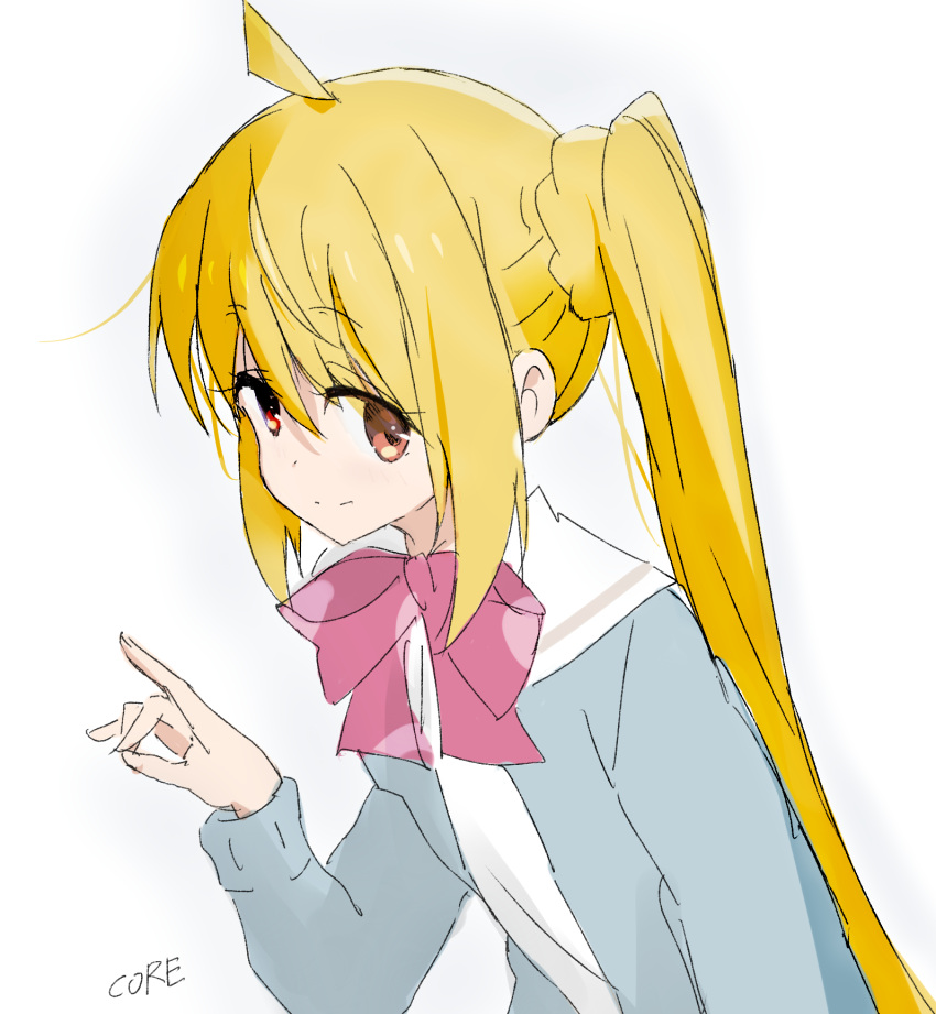 1girl ahoge bangs blonde_hair bocchi_the_rock bow bowtie cardigan closed_mouth commentary_request core_(mayomayo) from_side grey_cardigan head_tilt highres ijichi_nijika looking_at_viewer loose_bowtie loose_neck_ribbon neck_ribbon ok_sign parted_bangs pleated_shirt ponytail red_bow red_bowtie red_eyes red_ribbon ribbon sailor_collar school_uniform serafuku shirt side_ponytail sidelocks simple_background smile solo white_background white_shirt