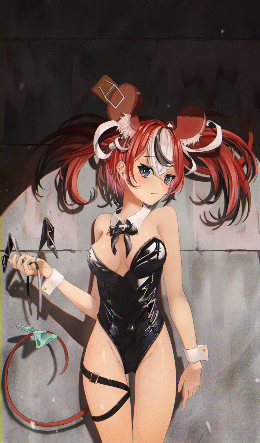 1girl absurdres animal_ear_fluff animal_ears aqua_bow bare_shoulders black_bow black_bowtie black_hair black_leotard blue_eyes blush bow bowtie breasts closed_mouth detached_collar dice_hair_ornament english_commentary extra_ears fake_animal_ears hair_ornament hakos_baelz highres hololive hololive_english isolatediev leotard long_hair medium_breasts mouse_ears mouse_girl mouse_tail mousetrap multicolored_hair playboy_bunny rabbit_ears red_hair solo spotlight standing stone_wall strapless strapless_leotard streaked_hair tail tail_bow tail_ornament thigh_strap twintails virtual_youtuber wall white_hair white_wrist_cuffs wrist_cuffs