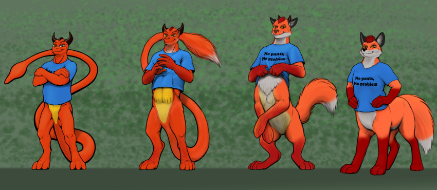 2023 anthro anthro_to_taur biped biped_to_quadruped blue_clothing blue_shirt blue_t-shirt blue_topwear bottomless bottomless_anthro bottomless_male bottomless_taur canid canid_taur canine canine_taur clothed clothing digitigrade english_text featureless_crotch fox fox_taur gloves_(marking) hi_res horn leg_markings male mammal mammal_taur markings menagerie pupils quadruped shirt slit_pupils socks_(marking) solo t-shirt taur text topwear transformation