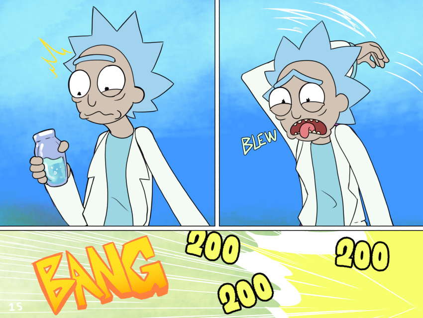 adult_swim black_eyes blue_hair cartoon_network clothing coat comic dot_eyes eyebrows hair hi_res human human_only ichduhernz lab_coat male mammal not_furry open_mouth rick_and_morty rick_sanchez shield_potion solo tongue tongue_out topwear unibrow white_body white_skin