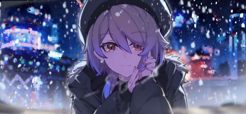 1girl 1other absurdres artist_name bangs beret building casual city city_lights cityscape closed_mouth earrings fur-trimmed_jacket fur_trim glint glitch go_satoshi_ko hair_between_eyes hand_grab hand_on_another's_cheek hand_on_another's_face hat highres honkai_(series) honkai_impact_3rd jacket jewelry looking_at_viewer nail_polish night night_sky pov ring rita_rossweisse rita_rossweisse_(fallen_rosemary) sky smile snowing solo_focus