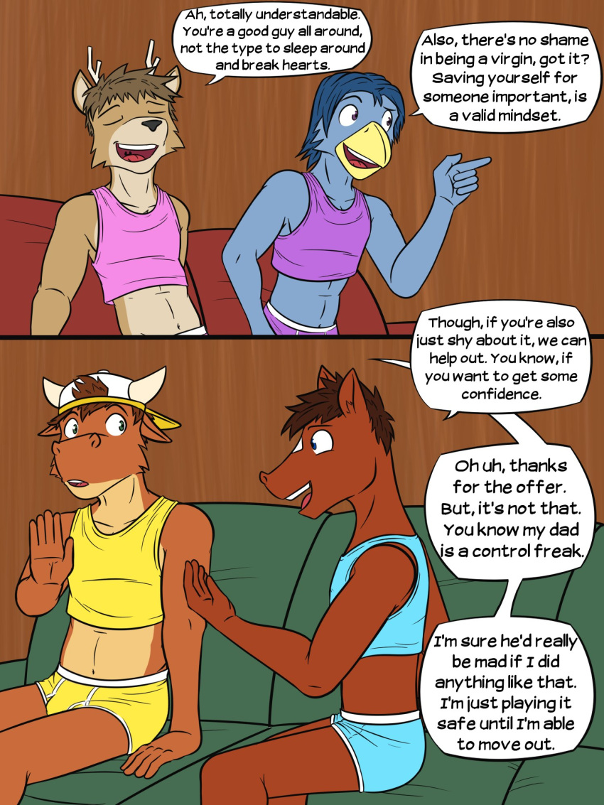 anthro avian backwards_baseball_cap backwards_hat baseball_cap bird blake_jackson bluebird bovid bovine briefs casey_ramser cattle clothed clothing comic crop_top deer dialogue english_text equid equine furniture fuze group hat headgear headwear hi_res horse josh_oliver male mammal midriff navel on_sofa oscine pantsless passerine shirt sitting sofa tank_top texnatsu text thrush_(bird) topwear ty_conrad underwear