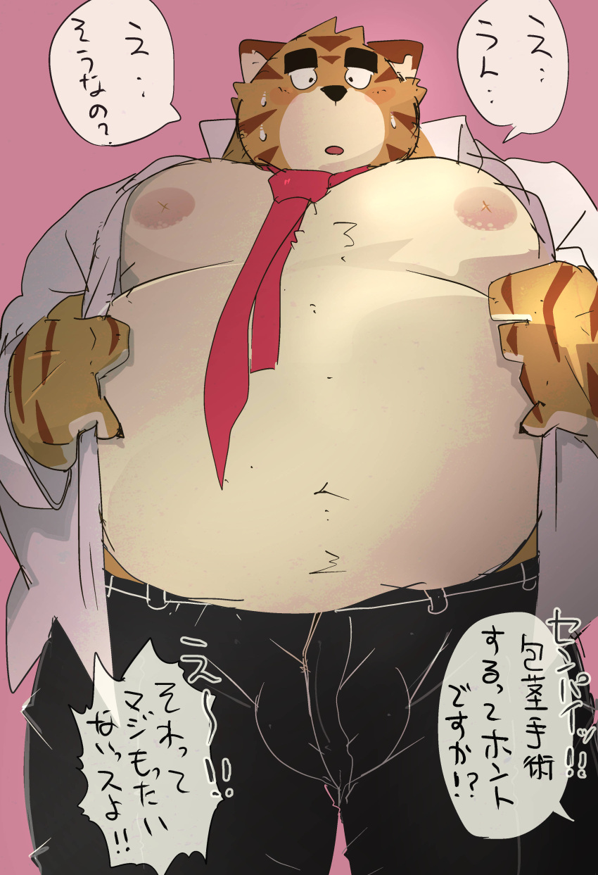 2023 absurd_res anthro belly big_belly blush bodily_fluids bulge clothed clothing dumdum felid hi_res japanese_text kemono male mammal moobs navel necktie nipples open_clothing open_shirt open_topwear overweight overweight_male pantherine shirt solo sweat text tiger topwear