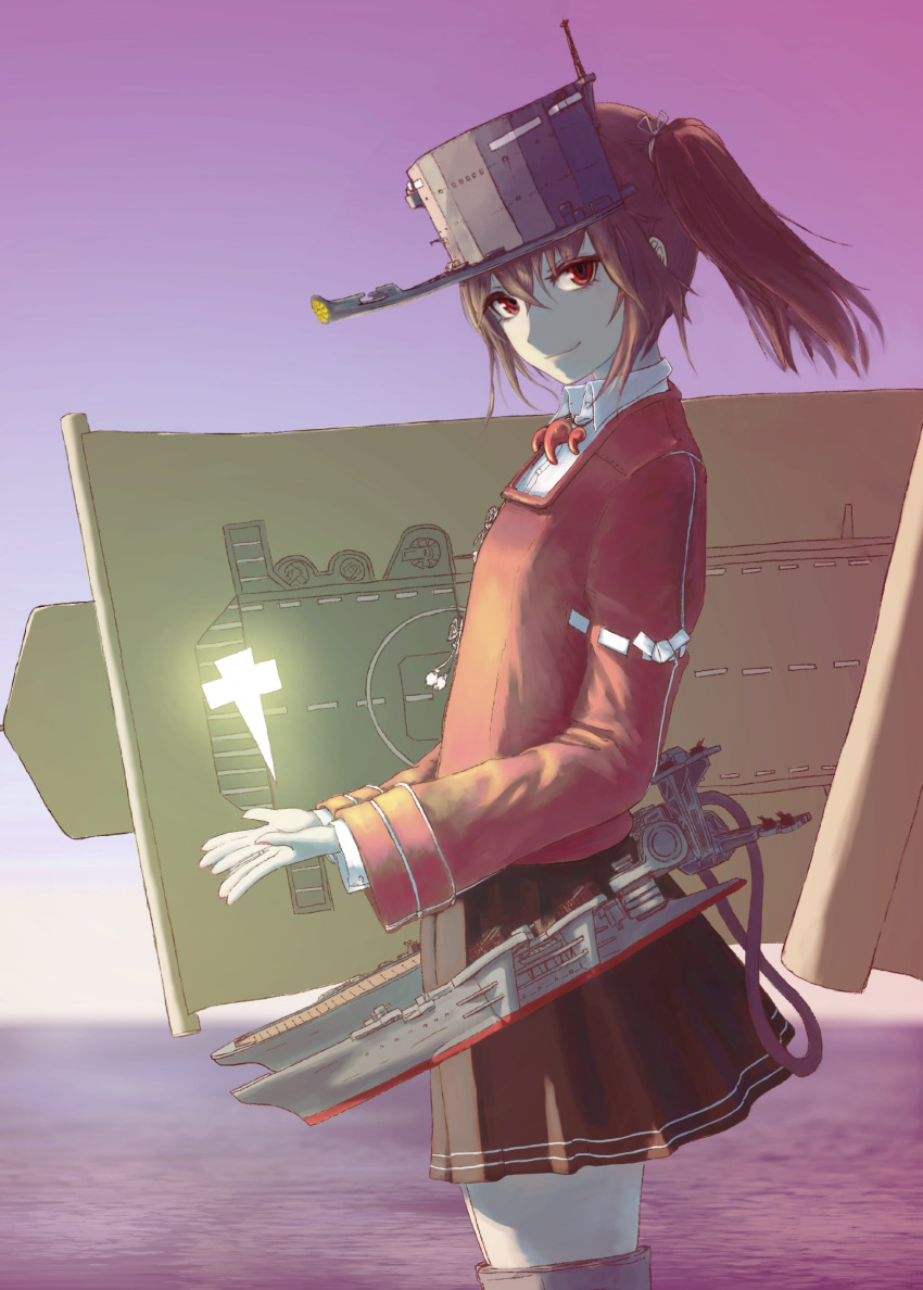 1girl bangs black_skirt brown_hair closed_mouth hair_between_eyes highres japanese_clothes kantai_collection kariginu long_hair long_sleeves looking_at_viewer magatama nito_(nshtntr) open_hands outdoors pleated_skirt red_eyes rigging romaji_commentary ryuujou_(kancolle) scroll shikigami skirt smirk solo twintails visor_cap water