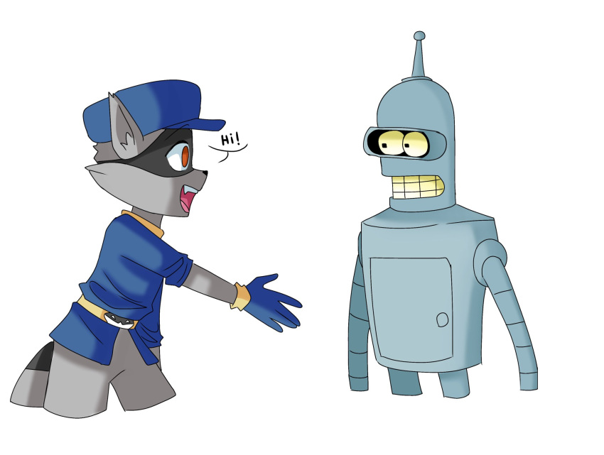 2022 anthro bender_bending_rodr&iacute;guez clothing comedy_central crossover duo english_text eye_contact futurama gloves handwear hat headgear headwear hi_res indi_lena looking_at_another machine male mammal mask open_mouth open_smile procyonid raccoon robot simple_background sly_cooper sly_cooper_(series) smile sony_corporation sony_interactive_entertainment sucker_punch_productions text white_background